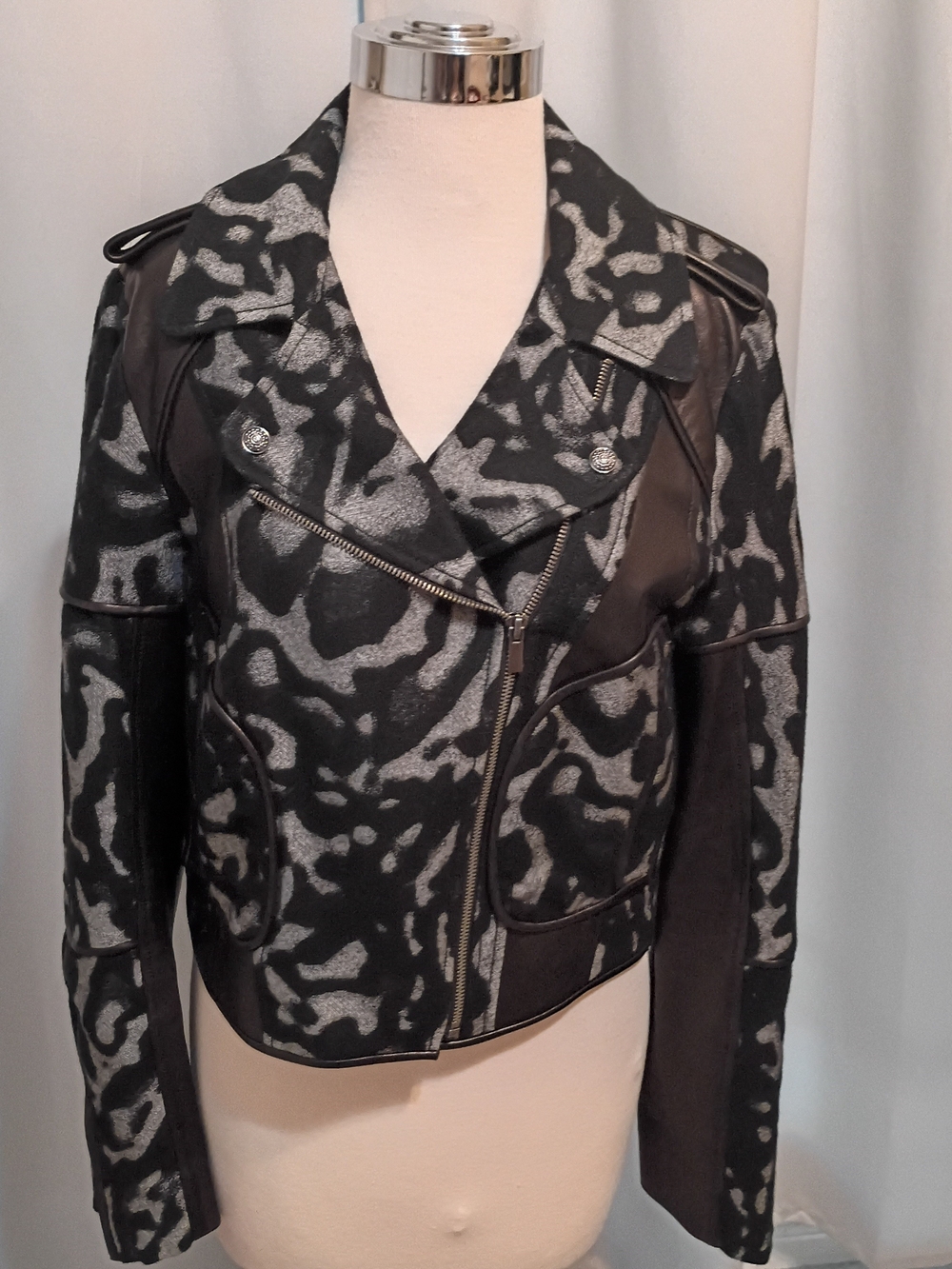 Diane Von Furstenberg Black and Gray Patterned Leather Moto Jacket